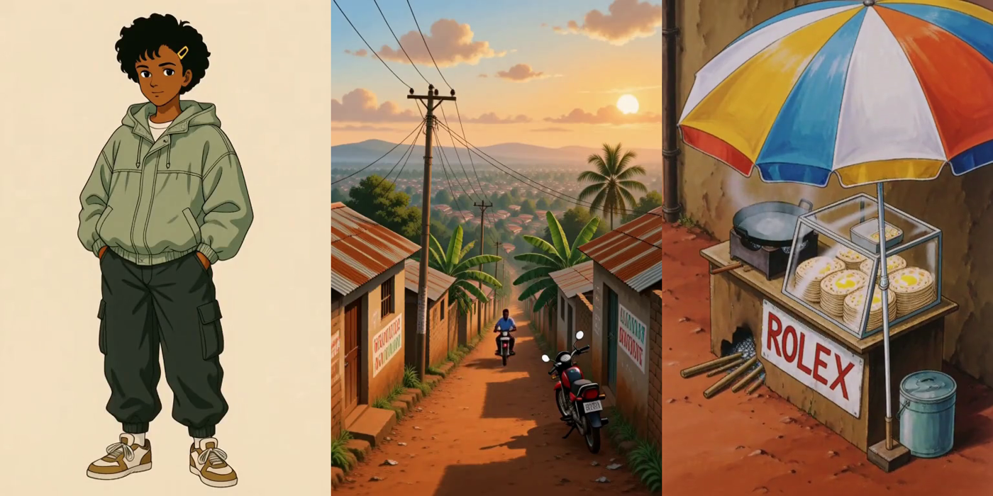 The Kampala reference set: the girl, the lane, the Rolex stand