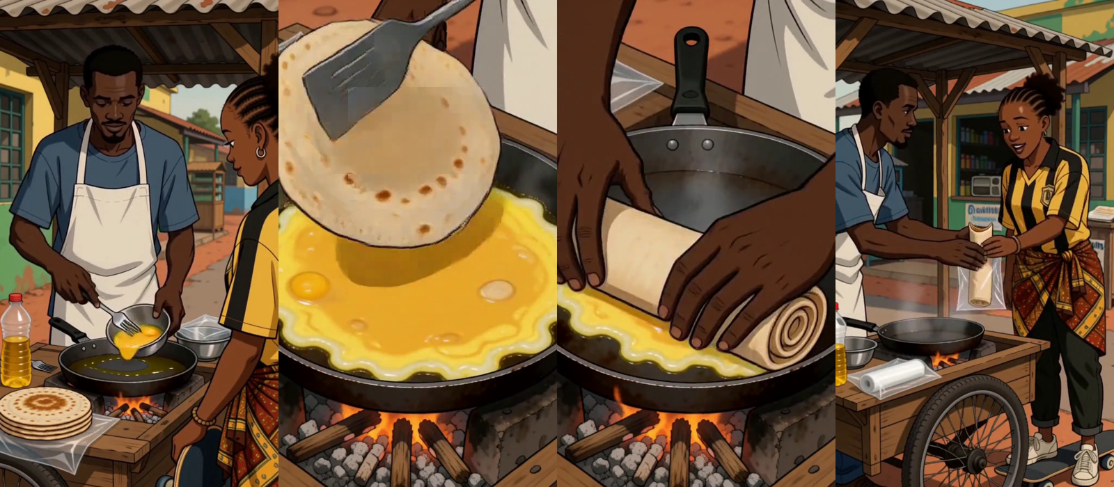 v2 frames: beating the egg, chapati onto the omelette, the roll, the kaveera hand-over