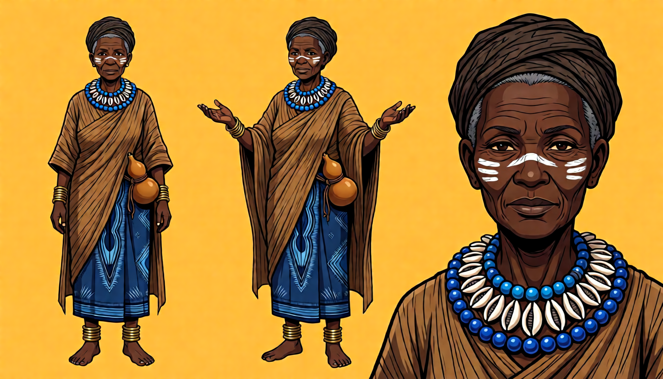 Three-view character reference sheet