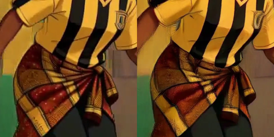 Same frame, same crop: Lanczos 2x (left) vs latent 2x (right)