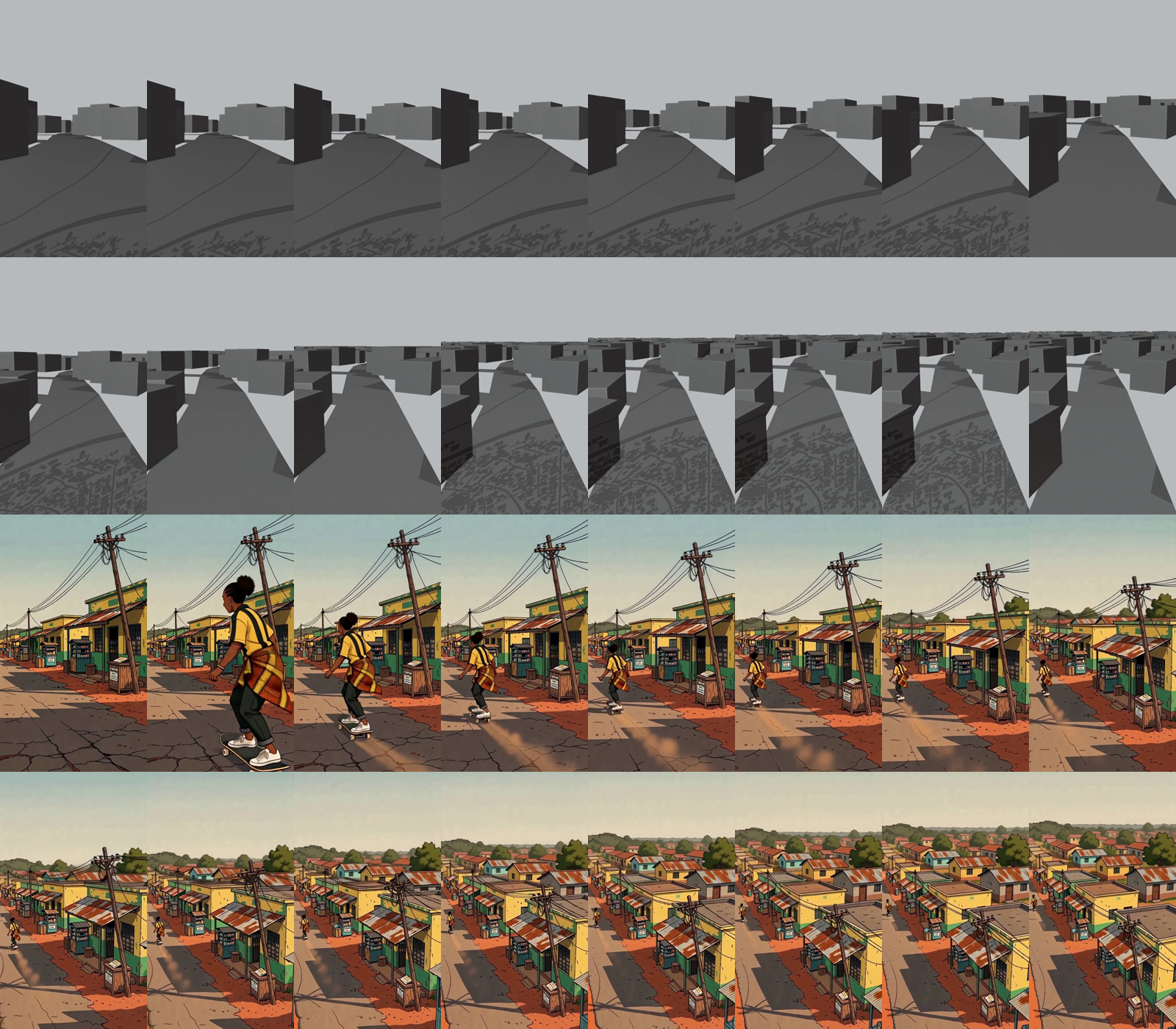 Crane previz (top two rows) vs render (bottom two rows)
