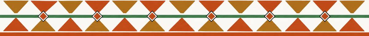 A narrow woven band of alternating terracotta and ochre triangles threaded by a single sage line, with a small stamped diamond at wide intervals.