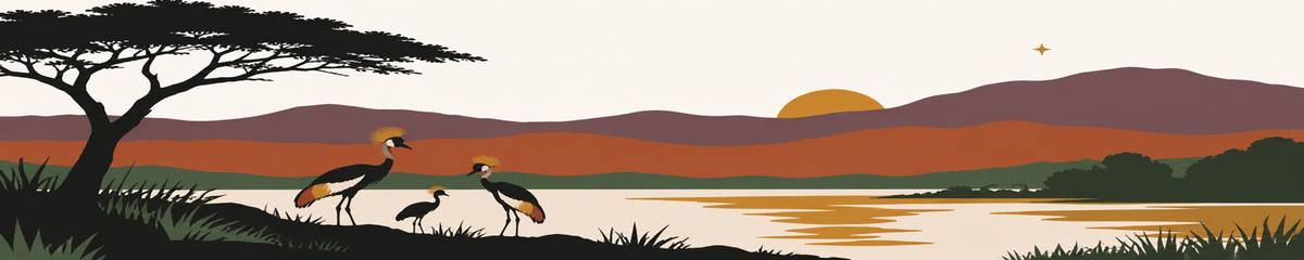 A wide horizon at dusk: layered hills in muted plum and ochre above a lake that holds the last light, a family of crested cranes at the water's edge, an acacia in silhouette and a single bright star above the ridge.