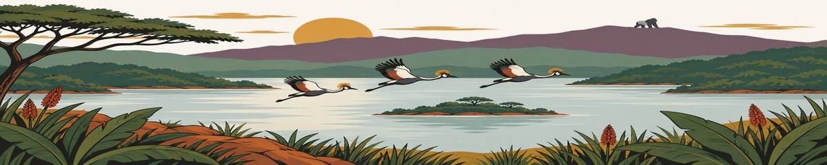 A low sun behind layered plum, ochre and sage hills above a pale lake with one small island; crested cranes fly across in a loose line and a silverback gorilla stands small on the highest ridge.