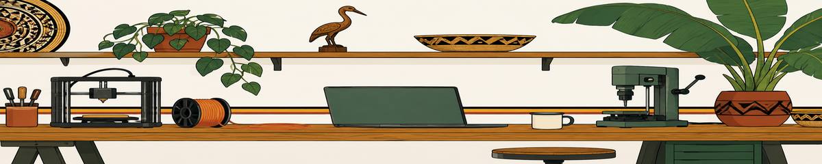 A workbench in line: a 3D printer, a coil of orange cable, a laptop and an enamel mug, a small drill press and a potted banana plant, with a carved wooden bird and a shallow bowl on the shelf above.