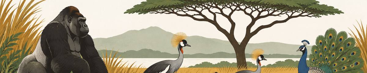 A silverback gorilla on a knoll at the left, a family of crested cranes across the middle, and a peacock with a modest open fan at the right, among tall grass and one acacia.