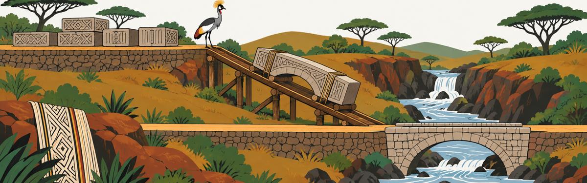 A hillside cut by two level terraces: the upper one stacked with carved stone blocks and ending at a gorge, the lower one carrying an empty stone bridge across the water, and a carved bridge section on rollers halfway down a timber ramp between them; a crested crane stands at the head of the ramp.