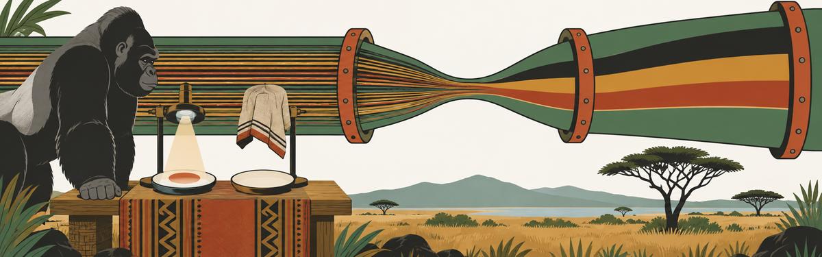 A wide pipe pinched to a narrow waist at the centre of the frame, a dense band of fine parallel lines squeezing through the waist and leaving as a broad smooth ribbon, with two identical plates on a bench below — one under a lens, one under a draped cloth — and a silverback gorilla resting a knuckle on the bench.