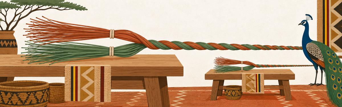 Two bundles of fibres, one terracotta and one green, each bound once with a single cord and twisted together into one thick smooth line that runs away to the right; a smaller bench carrying a compact copy of the arrangement stands behind, and a peacock displays at the right.