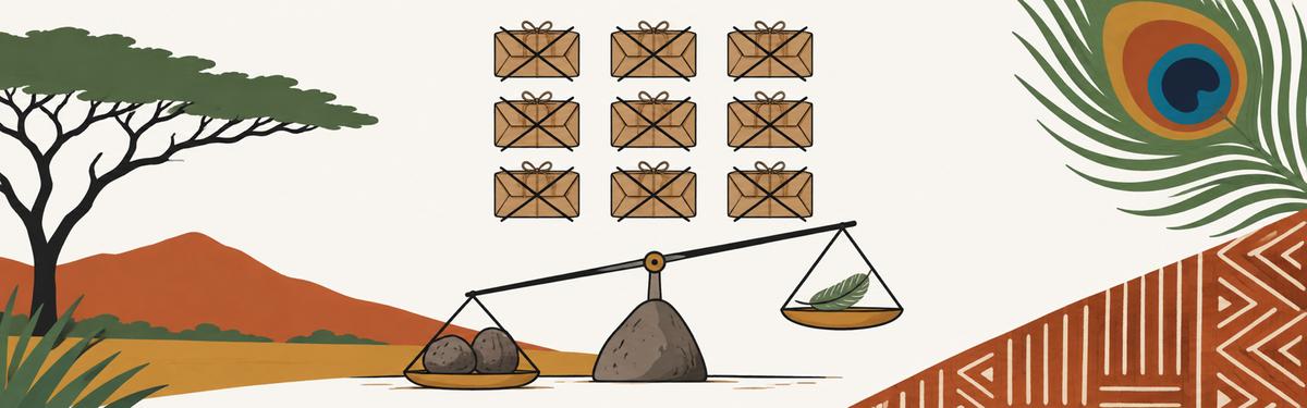 Nine small sealed parcels in a three-by-three grid, each crossed out with two strokes, above a balance holding two stones against a single feather; a peacock eye-spot pattern fills the upper right corner.