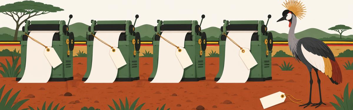 Four identical machines in a row, each wearing a blank paper label whose string is tied to the machine on its left, so every machine wears its neighbour's tag; a fifth blank label lies on the ground, and a crested crane has turned its head to stare at the row.