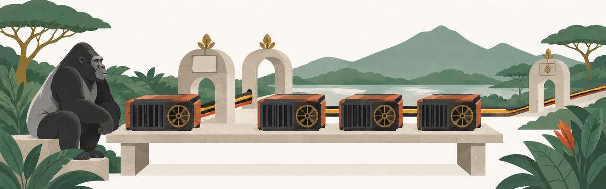 Four identical accelerator cards in a row on a stone bench, joined by a cable that runs through two stone arches set in series; a third arch with a leaf carved on its plaque stands apart at the right, and a silverback gorilla sits watching at the left.