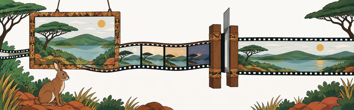 A framed painting of a hillside hangs at the left with a strip of film unspooling from it through a wooden gate set with a blade; the film's frames show the same hillside at different hours and join into one continuous scene beyond the gate, with a hare sitting at the foot of the frame.