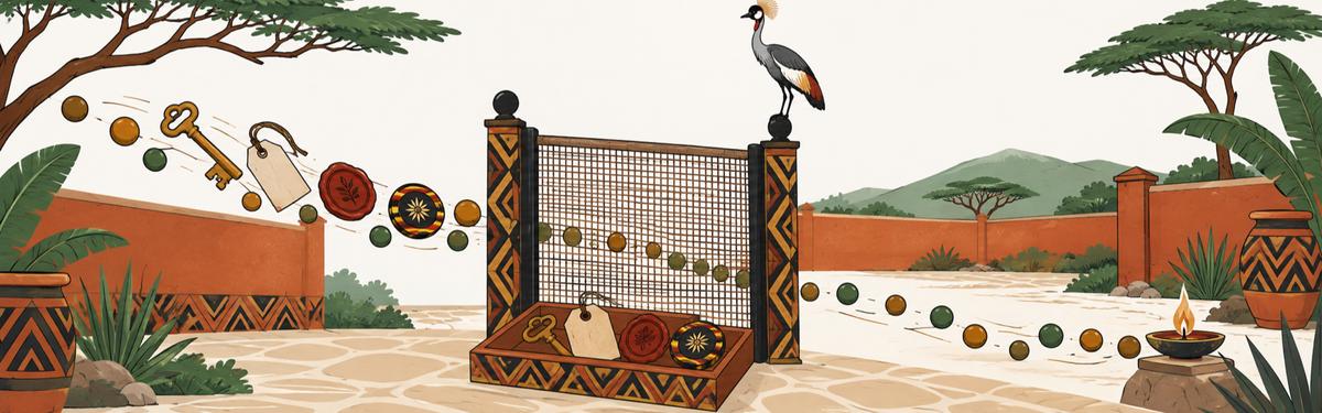 A woven mesh screen set in a gateway: a key, a paper tag, a wax seal and a stamped token are caught in a shallow tray on the near side while plain round beads pass through and roll across the courtyard toward a small lamp, with a crested crane perched on the gatepost.