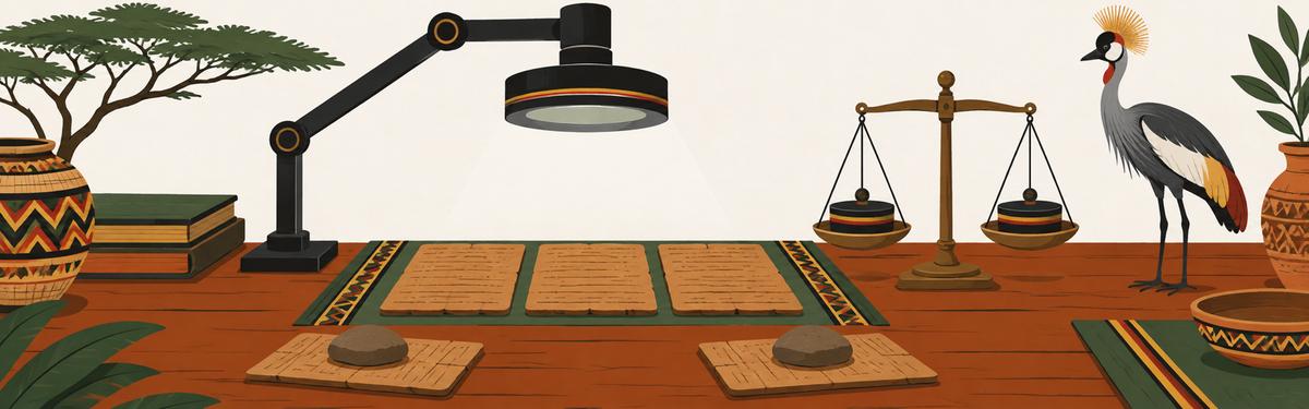 Three flat plates laid in a row on a desk under one lens on an arm, two more plates face-down at the near edge each held by a small stone, a level two-pan balance beside them, and a crested crane standing at the end of the desk.