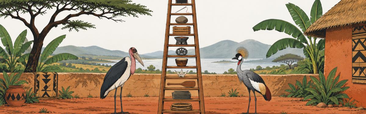 A tall wooden ladder in a swept yard with one small carved object on each rung — a crate, a stove, a cog, a drum, a folded paper crane, a paddle, a bundle of cloth and a coil of rope; a marabou stork and a crested crane stand at either side.
