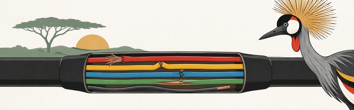 A long cable crossing the frame, its middle enclosed in one dark sleeve drawn cut open to show five thin wires inside, each damaged in a different way, while the outer jacket at both ends looks unbroken; a crested crane stands at the right, watching.
