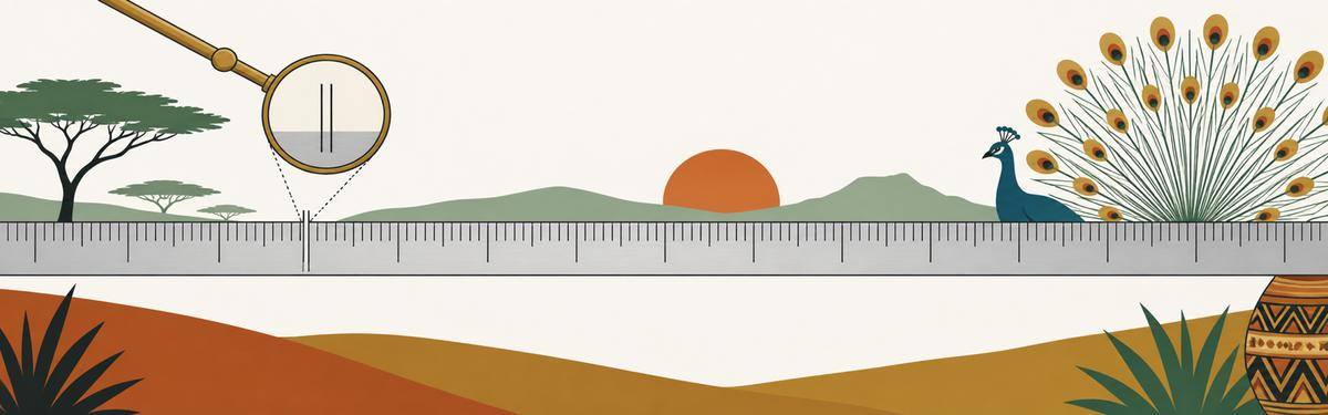 A steel measuring rule running the width of the frame with two tick marks a hair's breadth apart near its left end, a brass-mounted lens above them re-showing that interval enlarged, and a peacock's fan of fine lines opening at the right.