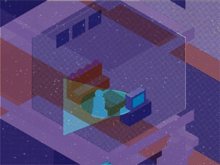 A dark isometric sitting room where a cyan wedge of television light has erased the sofa and the people