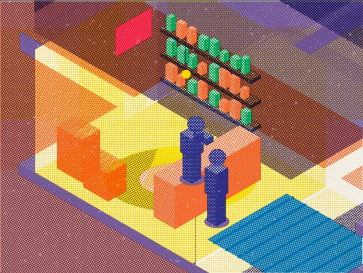 An isometric risograph shop interior at night with shelves of goods, an orange counter, two dark figures and a pink poster