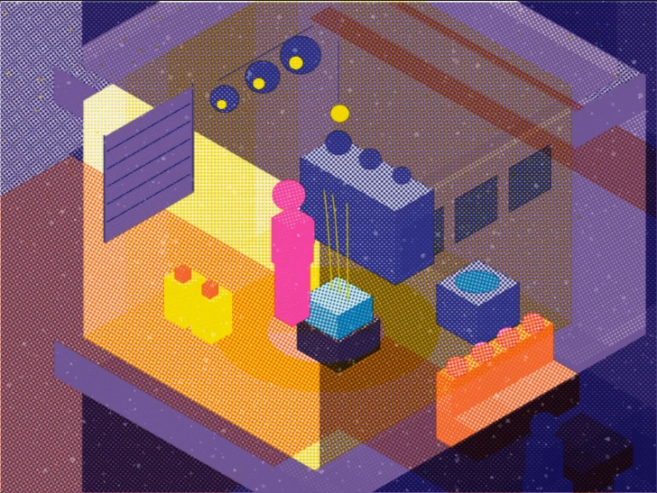 An isometric kitchen where the cook is rendered in bright pink, standing between the counter and the stove