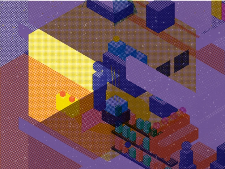 An isometric kitchen lit by a flat slab of yellow on the left wall with very little in the room