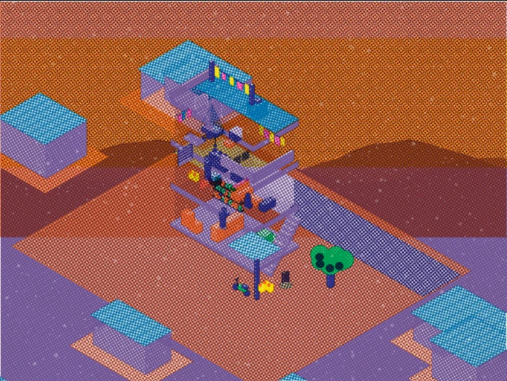 An isometric risograph drawing of a three-storey Kampala house at dusk, with an orange sky, hills, neighbouring houses and a mango tree