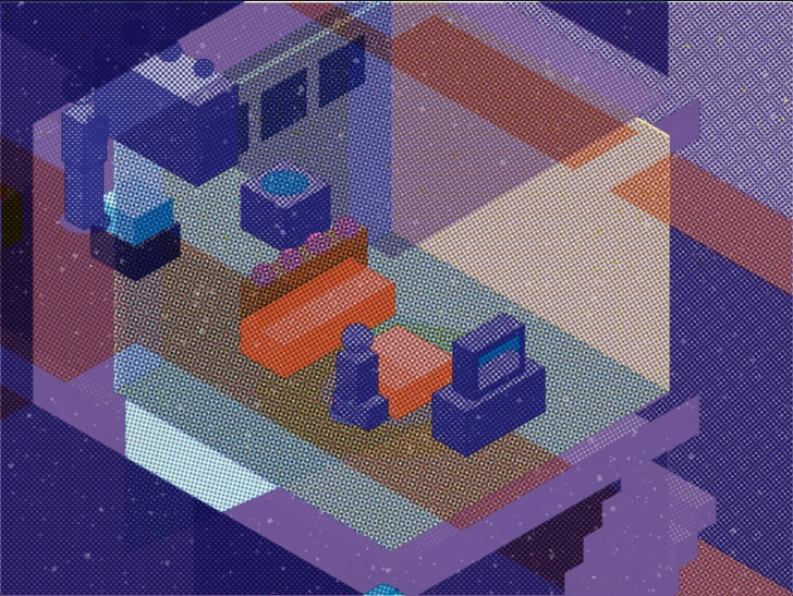 A washed-out beige isometric sitting room with no clear light source